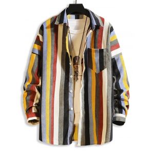 

Colorful Striped Pockets Button Up Corduroy Shirt, Multi b