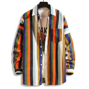 

Colorful Striped Pockets Button Up Corduroy Shirt, Multi a