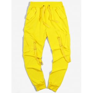 

Ribbon Pockets Long Drawstring Sport Cargo Pants, Yellow