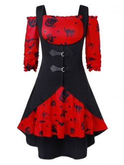 Robe d'Halloween Ligne A Vintage à Epaule Dénudée de Grande Taille avec Gilet en Couleur Unie - LAVA RED - L