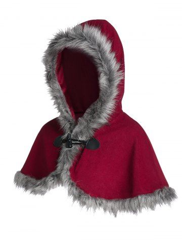 

Hooded Faux Fur Panel Contrast Cape, Red wine