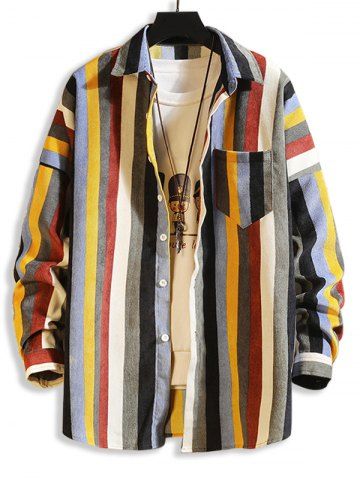 rosegal Colorful Striped Pockets Button Up Corduroy Shirt