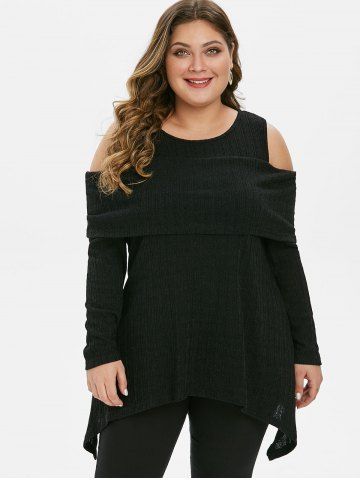 

Plus Size Tunic Open Shoulder Round Collar Sweater, Black