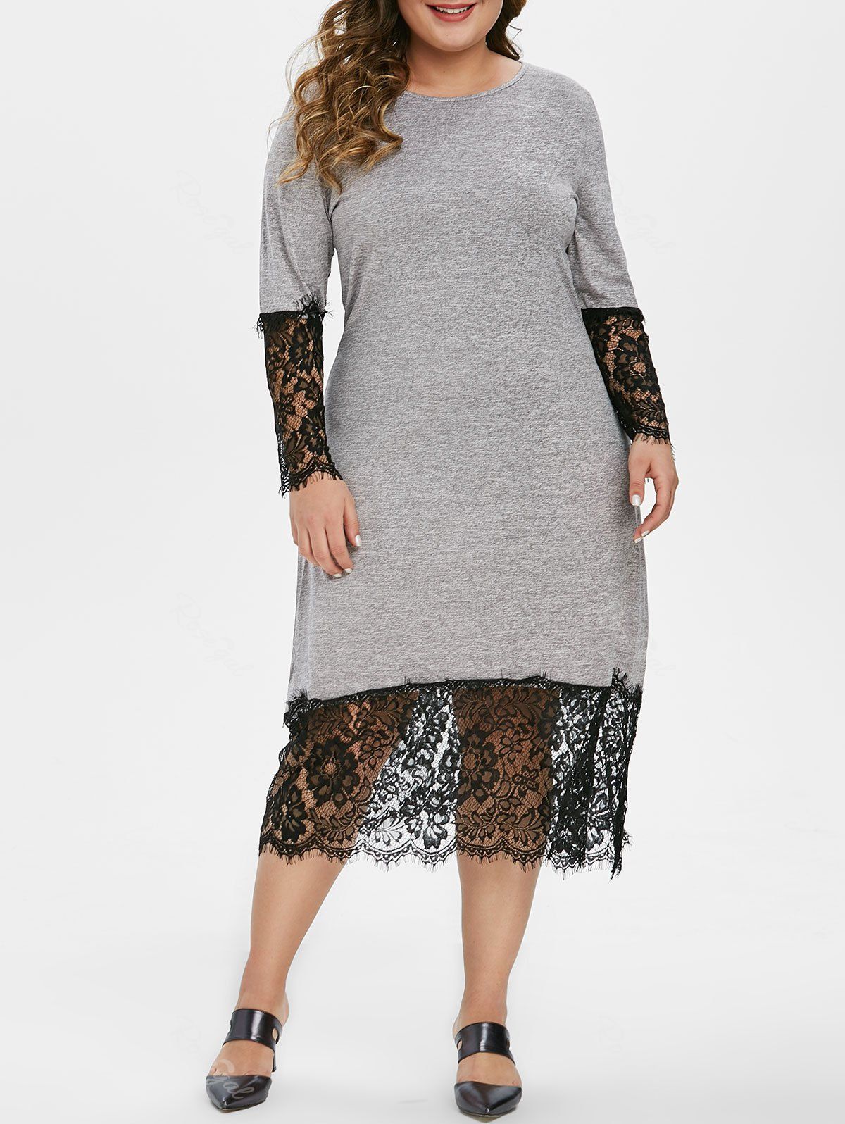 

Long Sleeve Lace Panel Marl Casual Plus Size Dress, Gray cloud