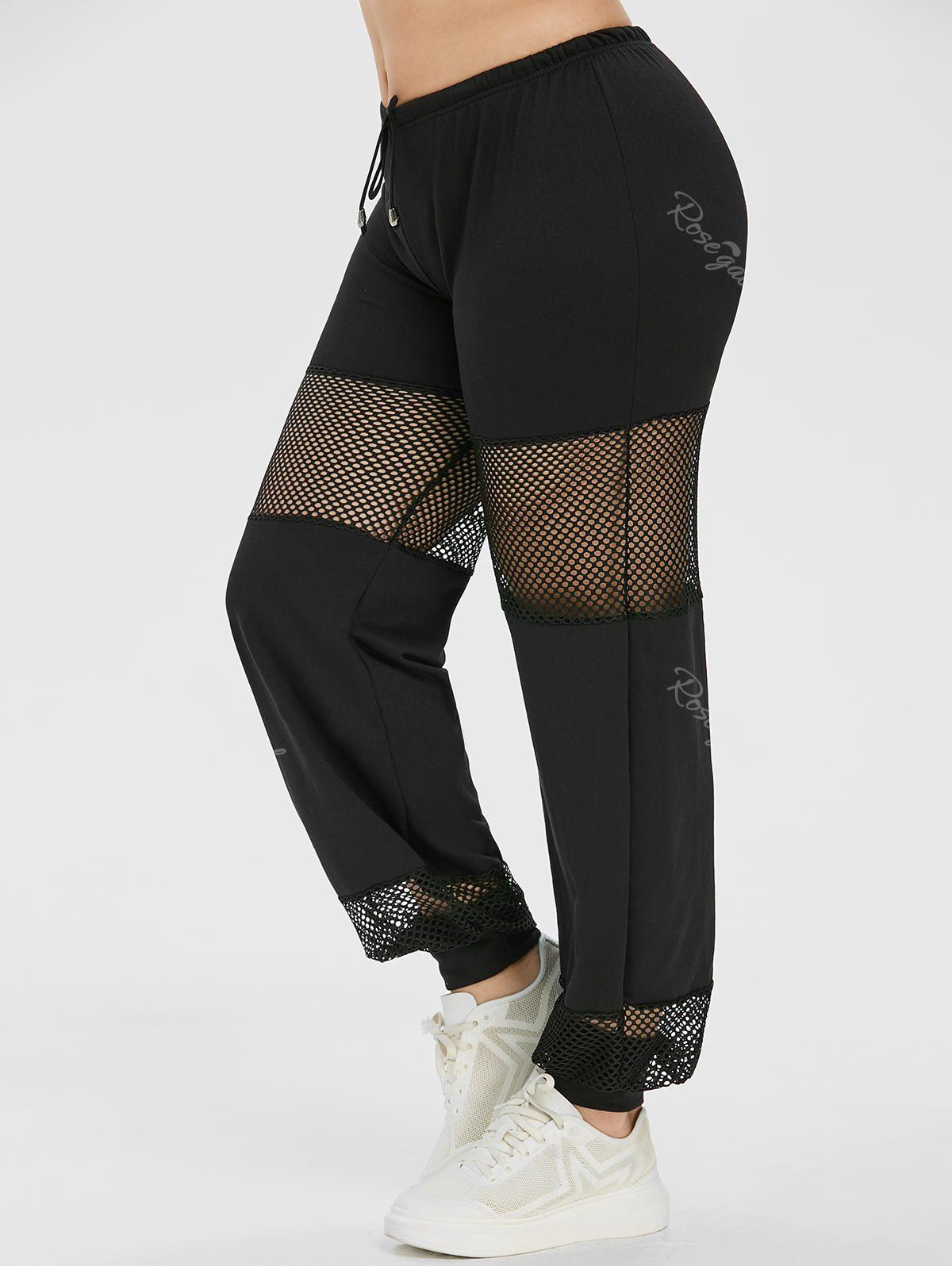 

Plus Size Fishnet Panel Drawstring Jogger Pants, Black