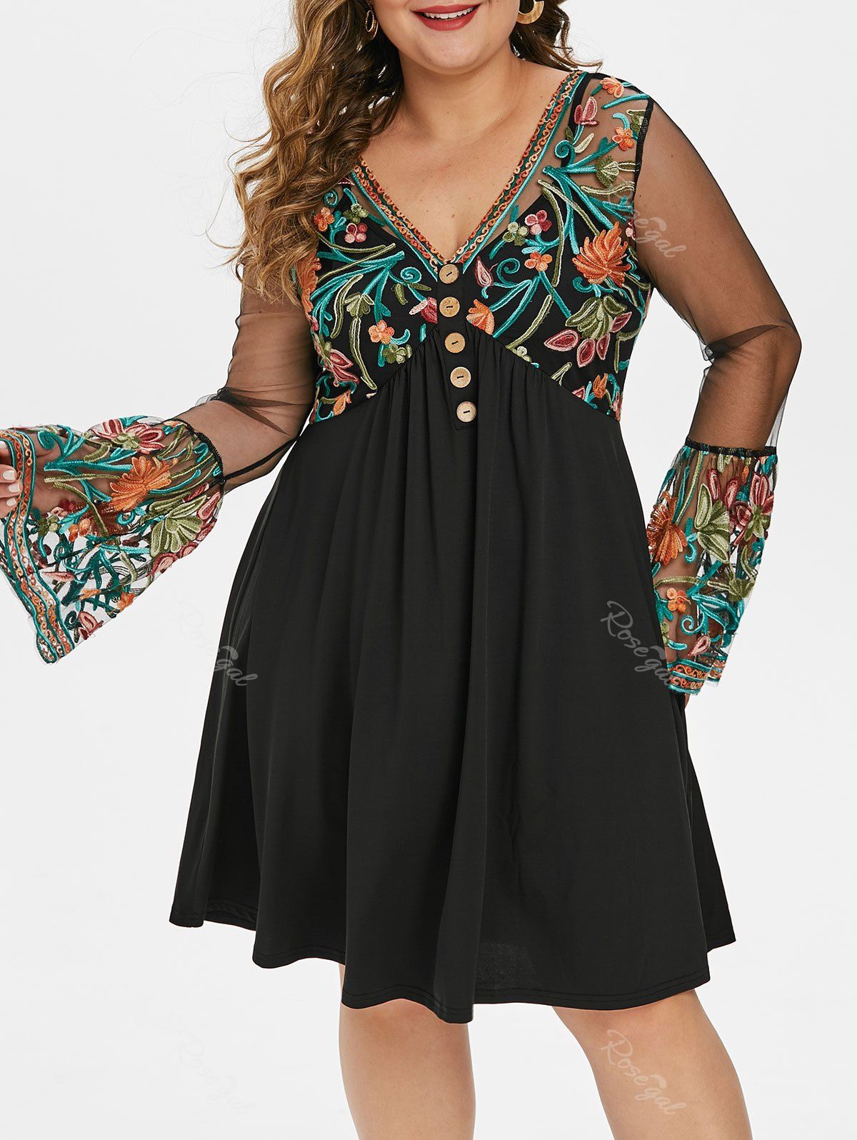 

Plus Size Embroidered Bell Sleeve A Line Dress, Black