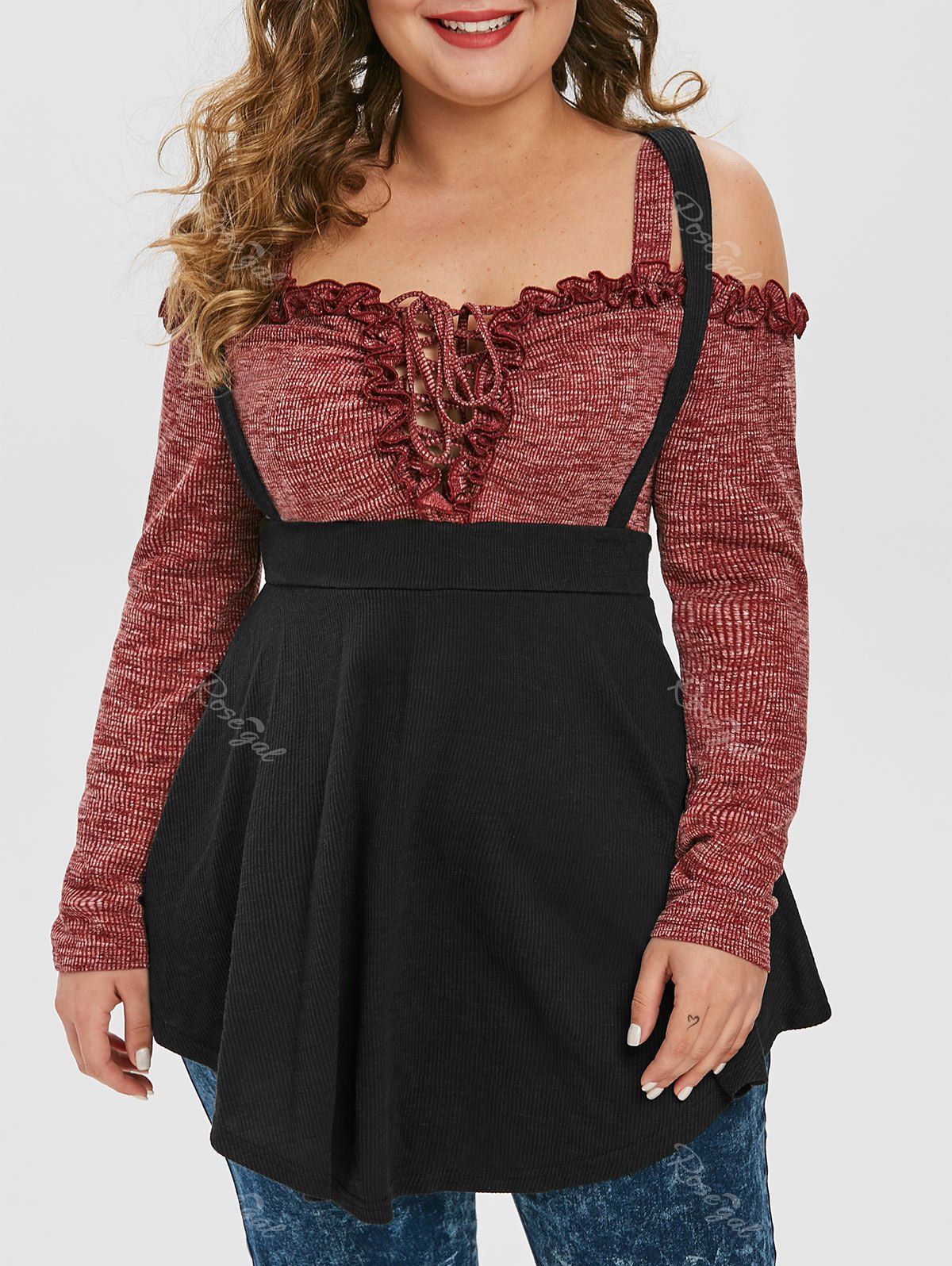 

Plus Size Ruffle Open Shoulder Contrast Color Lace Up Top, Black