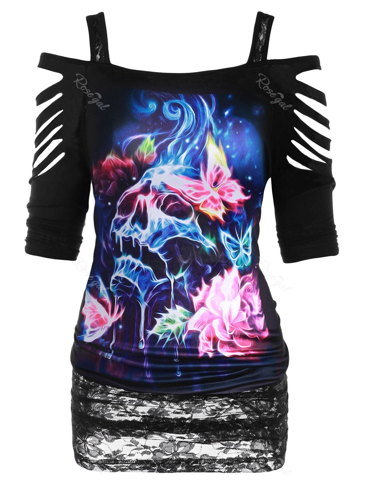

Plus Size Halloween Ripped 3D Butterfly Skull Print T Shirt, Black