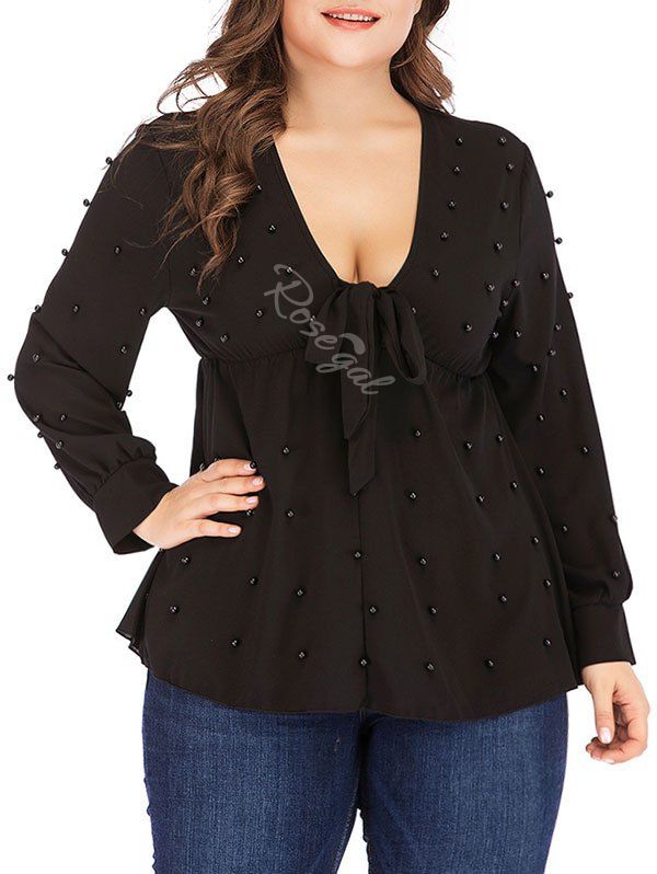 

V Neck Faux Pearls Tie Front Plus Size Blouse, Black