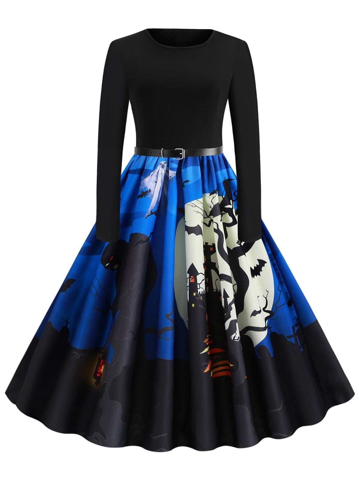 

Pumpkin Bat Ghost Belted Halloween Long Sleeves Dress, Navy blue