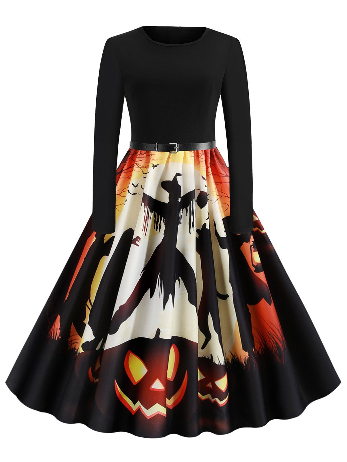 

Pumpkin Bat Ghost Belted Halloween Long Sleeves Dress, Black