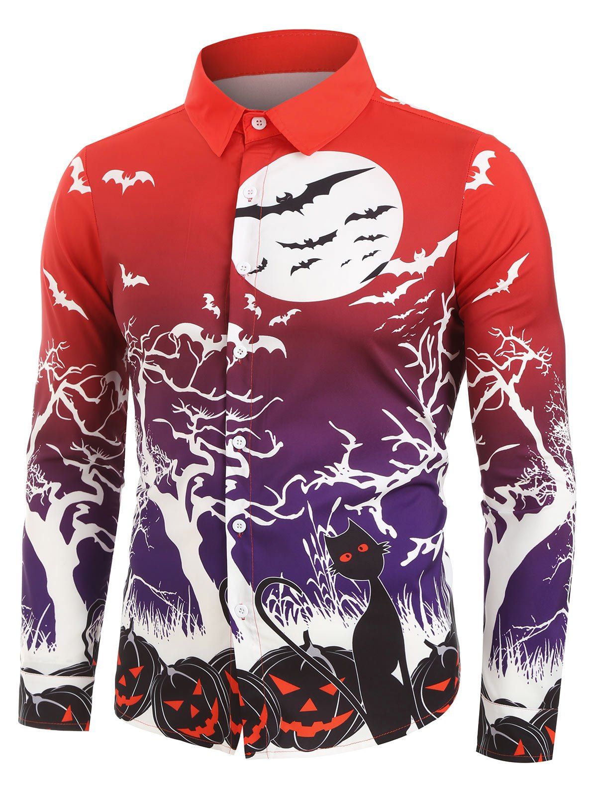 

Halloween Night Pumpkins Print Long Sleeve Button Up Shirt, Red wine