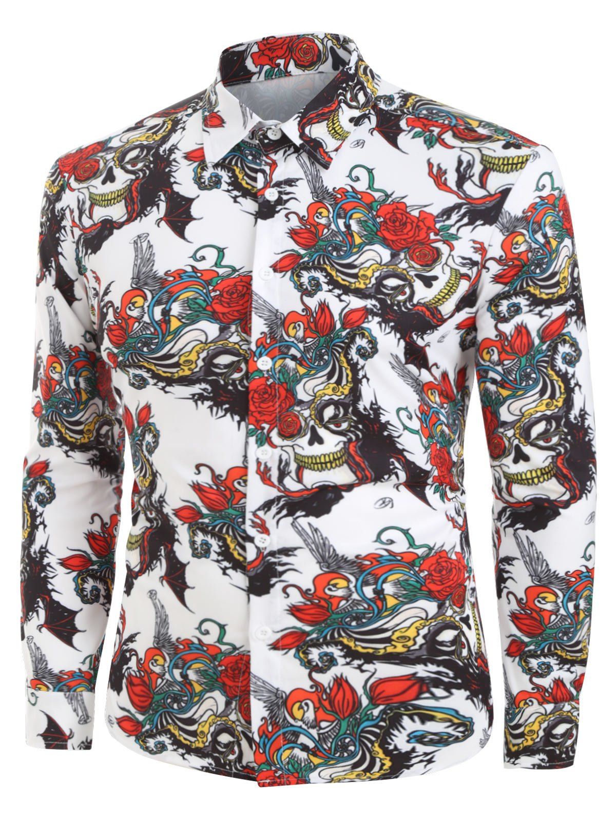 [31% OFF] Halloween Flower And Skull Print Button Up Long Sleeve Shirt | Rosegal