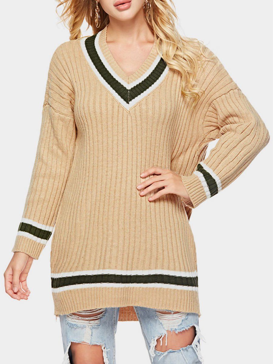 

V Neck Longline Striped Sweater, Tan