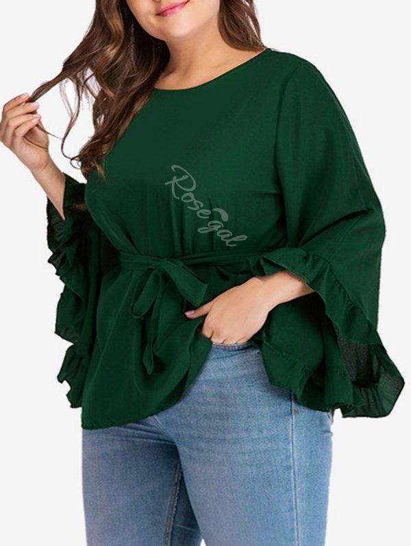 

Ruffled Sleeve Belted Skirted Plus Size Blouse, Dark green