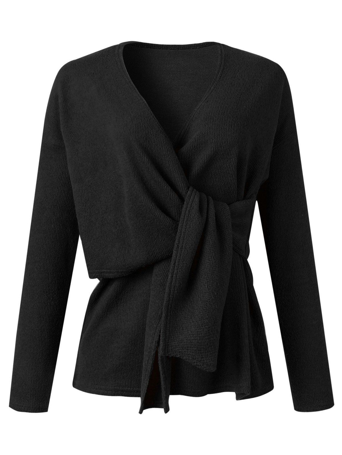 

Self Tie Solid Drop Shoulder Sweater, Black