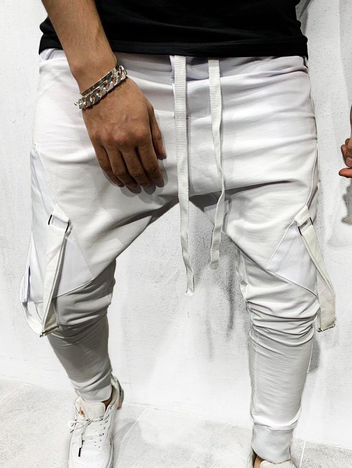 

Ribbon Pockets Long Drawstring Sport Jogger Pants, White
