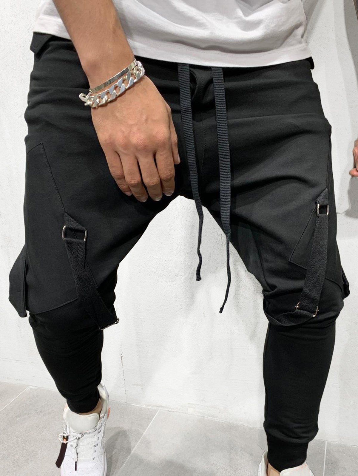 

Ribbon Pockets Long Drawstring Sport Jogger Pants, Black