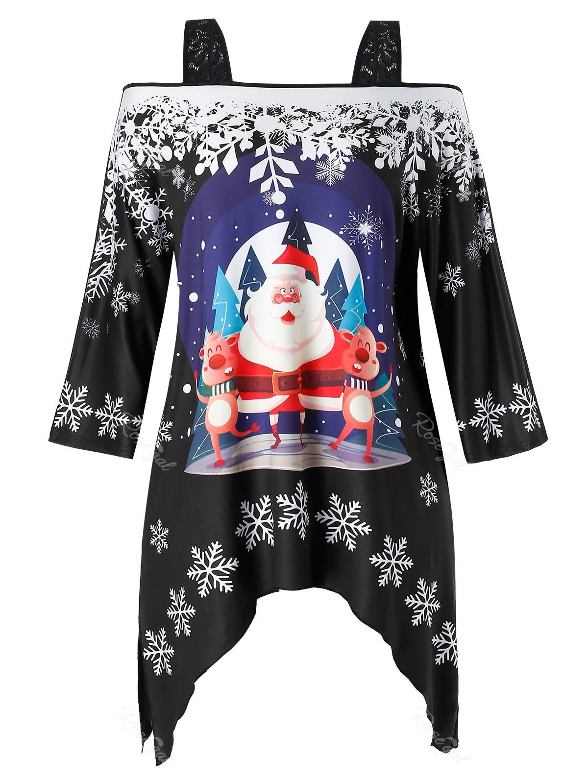 

Plus Size Open Shoulder Christmas Square Collar Printed T Shirt, Cobalt blue