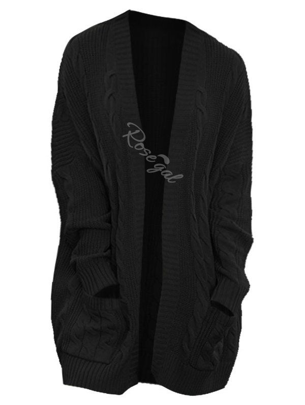 

Plus Size Open Front Pockets Cable Knit Cardigan, Black