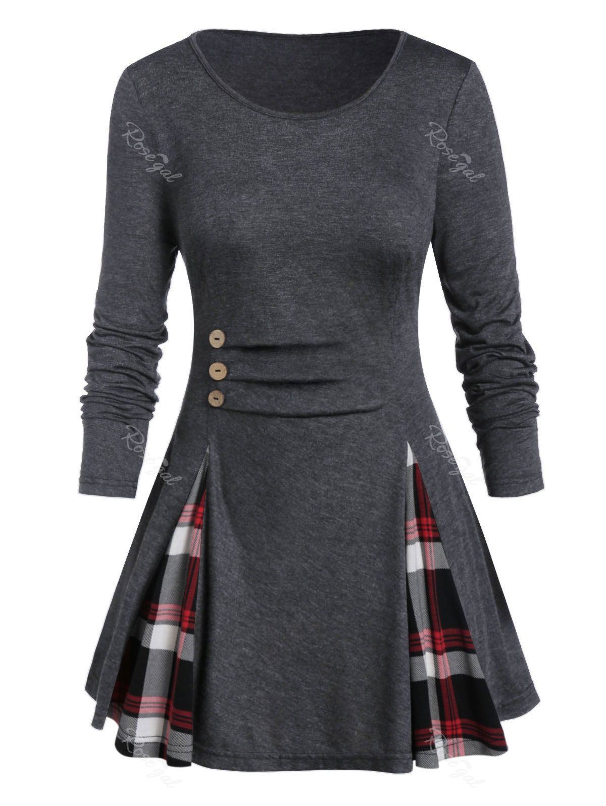 

Plus Size Plaid Panel Buttoned A Line Tunic Tee, Light slate gray