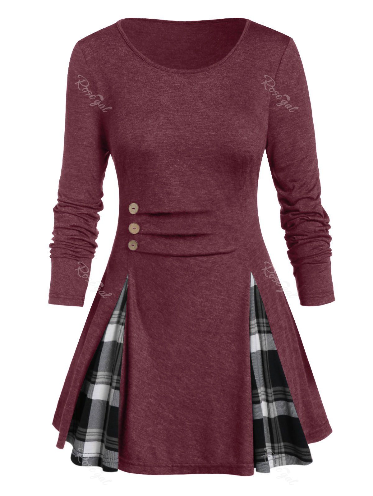 

Plus Size Plaid Panel Buttoned A Line Tunic Tee, Red wine