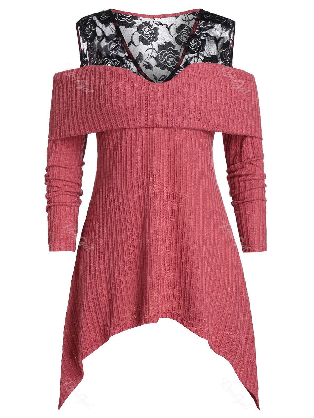 

Plus Size Asymmetrical Lace Panel Cold Shoulder Foldover Sweater, Red wine