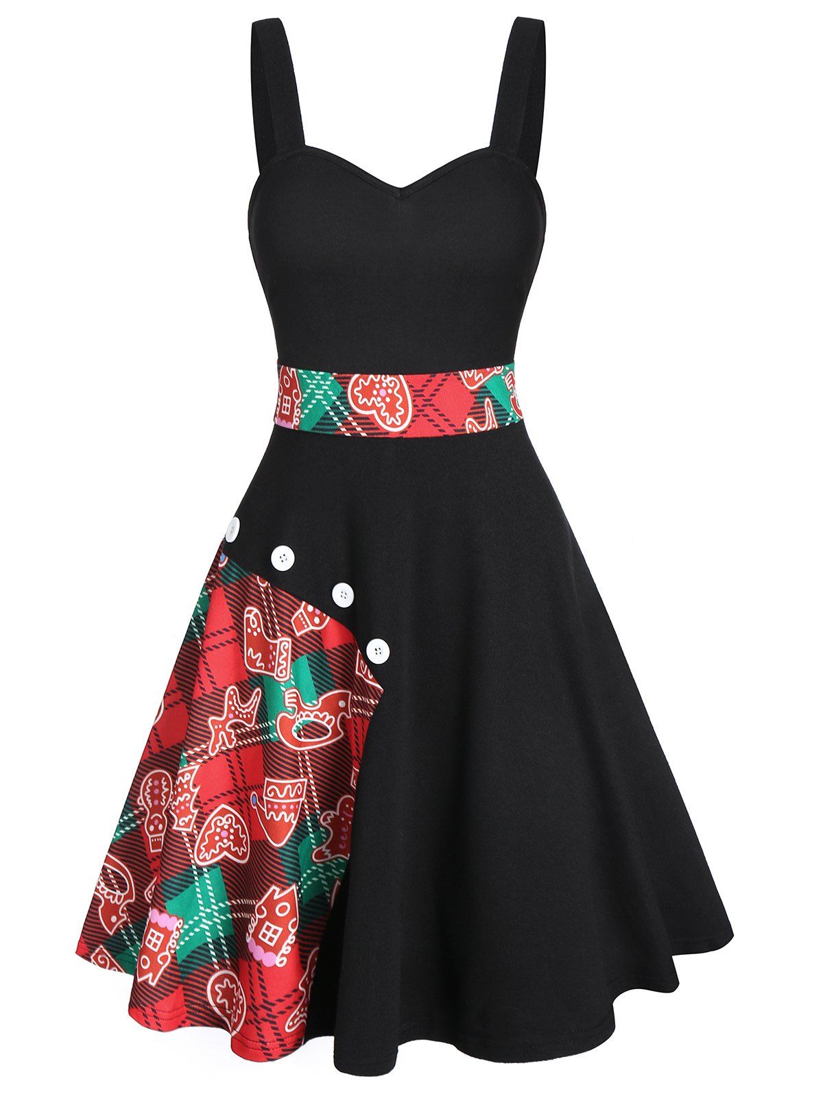 

Sweetheart Neck High Waist Printed Dress, Black