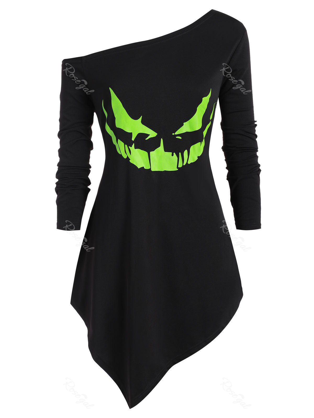 

Plus Size Halloween Skew Neck Neon Pumpkin Face Asymmetric Sweatshirt, Black