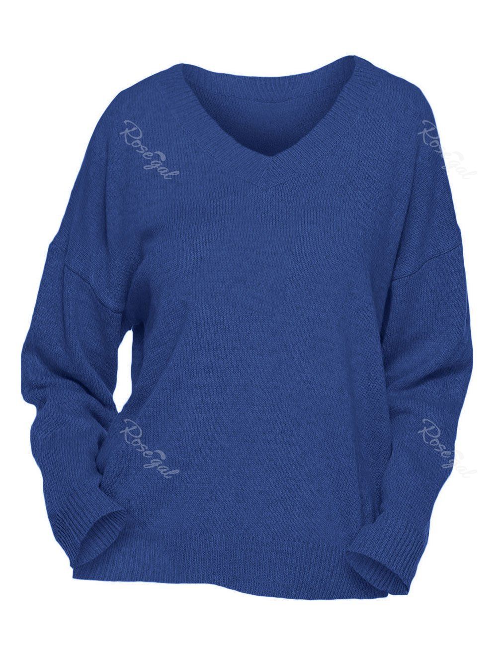 

Plus Size V Neck Drop Shoulder Sweater, Ocean blue