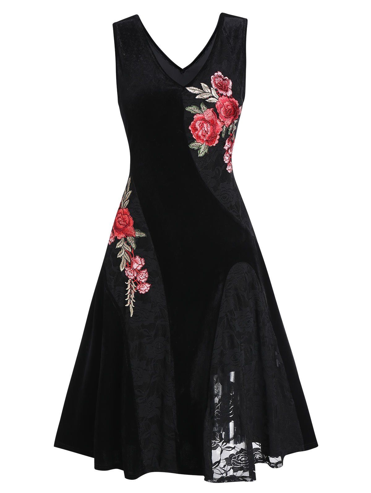 

Embroidered Lace Insert A Line Dress, Black