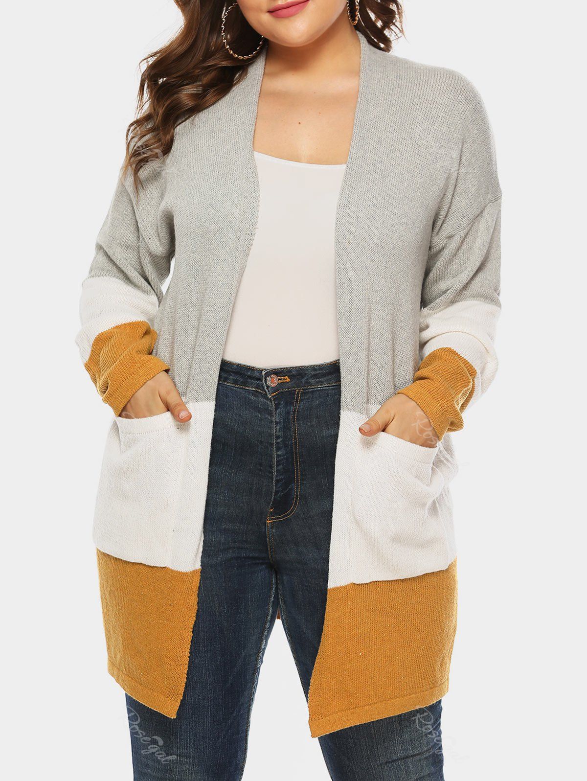

Plus Size Colorblock Longline Cardigan, Orange gold