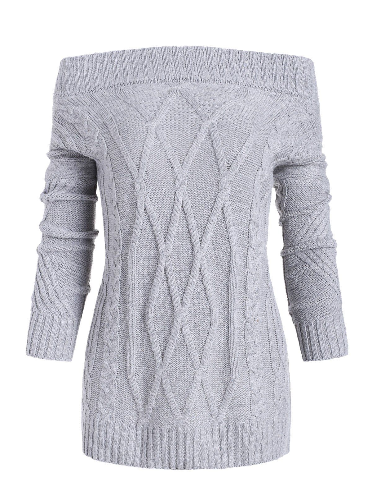 

Off Shoulder Cable Knit Loose Sweater, Gray