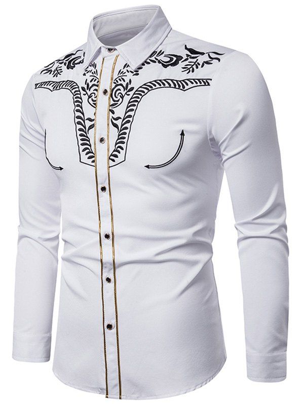 

Embroidery Flower Contrast Trim Long Sleeve Shirt, White