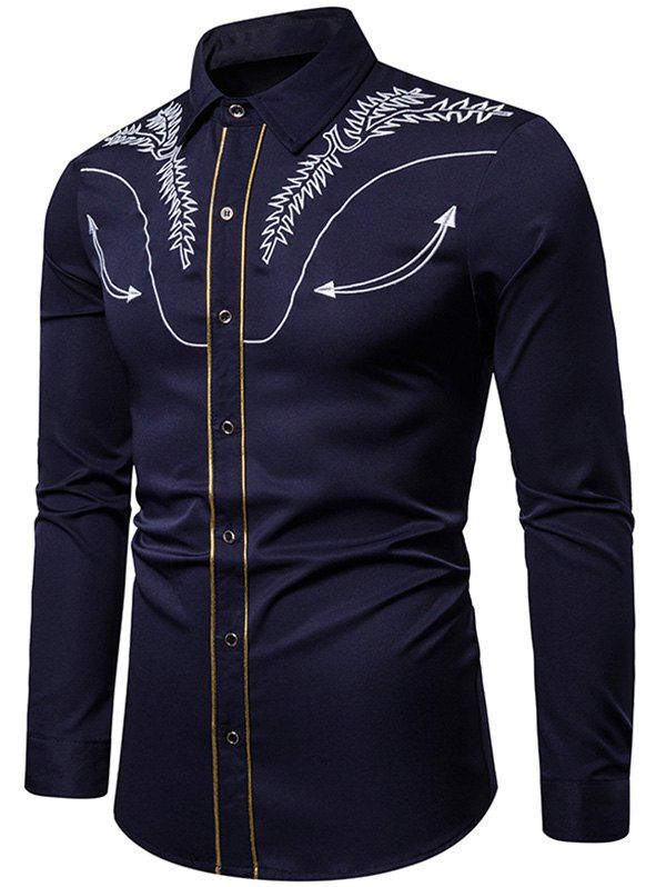 

Embroidered Contrast Trim Button Shirt, Cadetblue