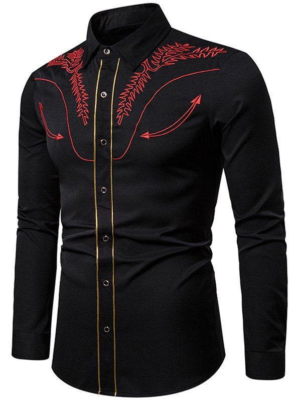 

Embroidered Contrast Trim Button Shirt, Black