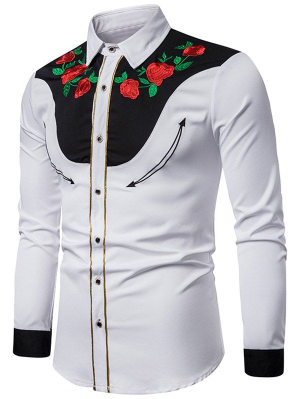 

Colorblock Spliced Embroidery Flower Button Shirt, White