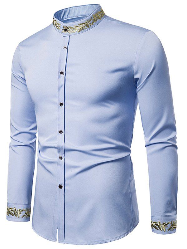 

Embroidery Flower Stand Collar Long Sleeve Button Shirt, Light blue