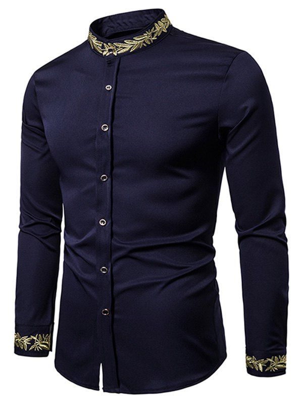 

Embroidery Flower Stand Collar Long Sleeve Button Shirt, Cadetblue