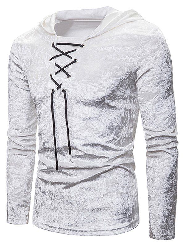 

Lace Up Solid Velour Hooded T-shirt, White