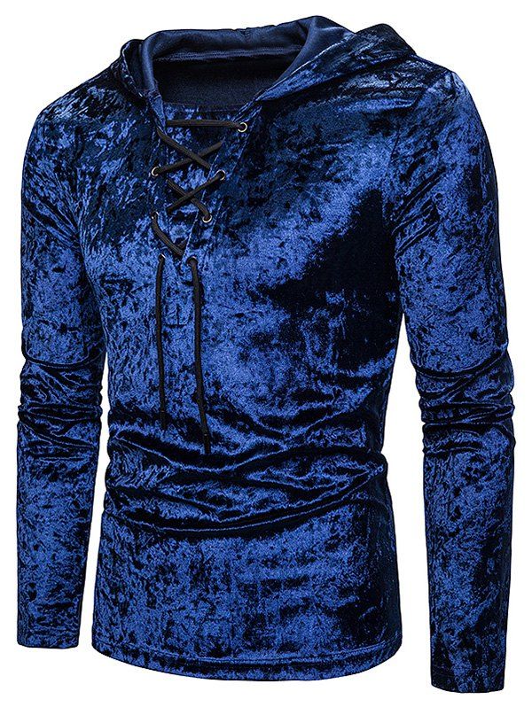 

Lace Up Solid Velour Hooded T-shirt, Cadetblue