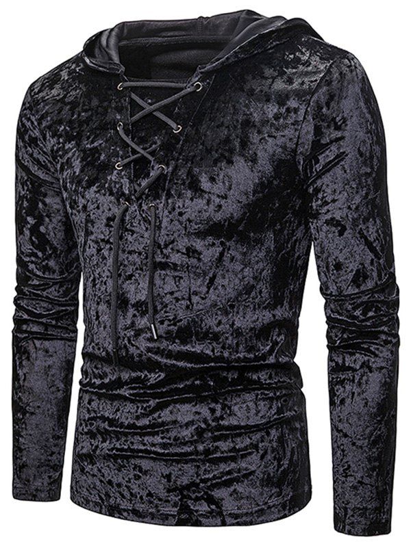 

Lace Up Solid Velour Hooded T-shirt, Black