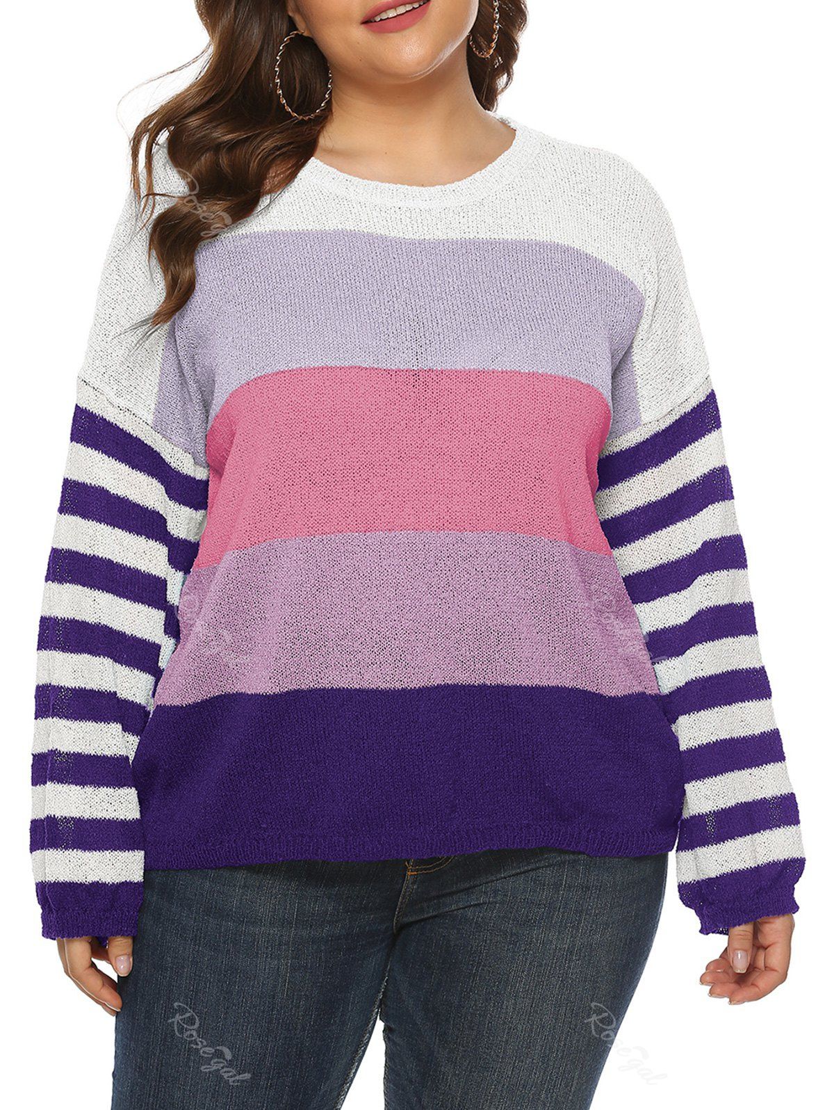 

Plus Size Drop Shoulder Hit Color Stripe Sweater, Pink