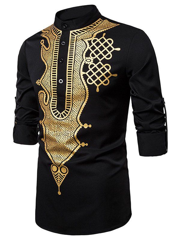 

Gliding Totem Pattern Half Button Long Sleeve Shirt, Black