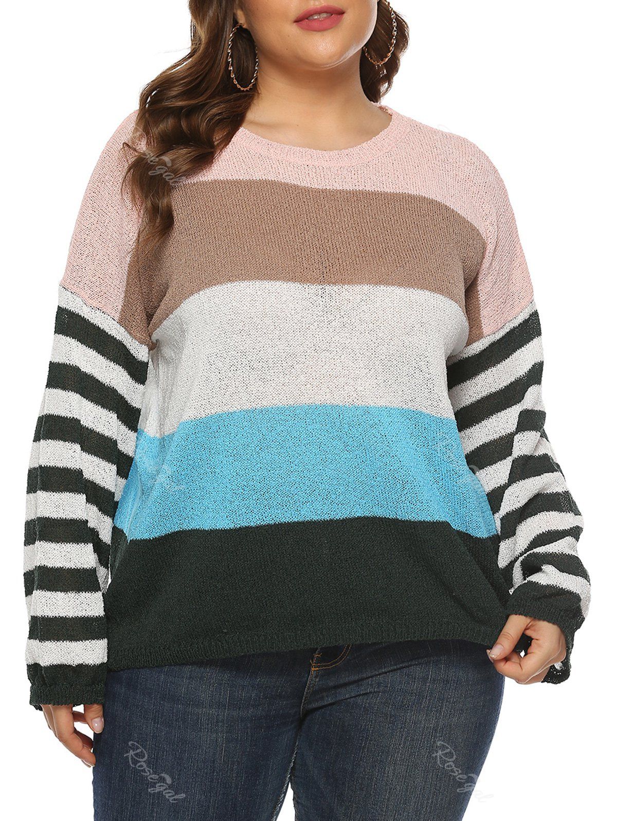 

Plus Size Drop Shoulder Hit Color Stripe Sweater, Day sky blue