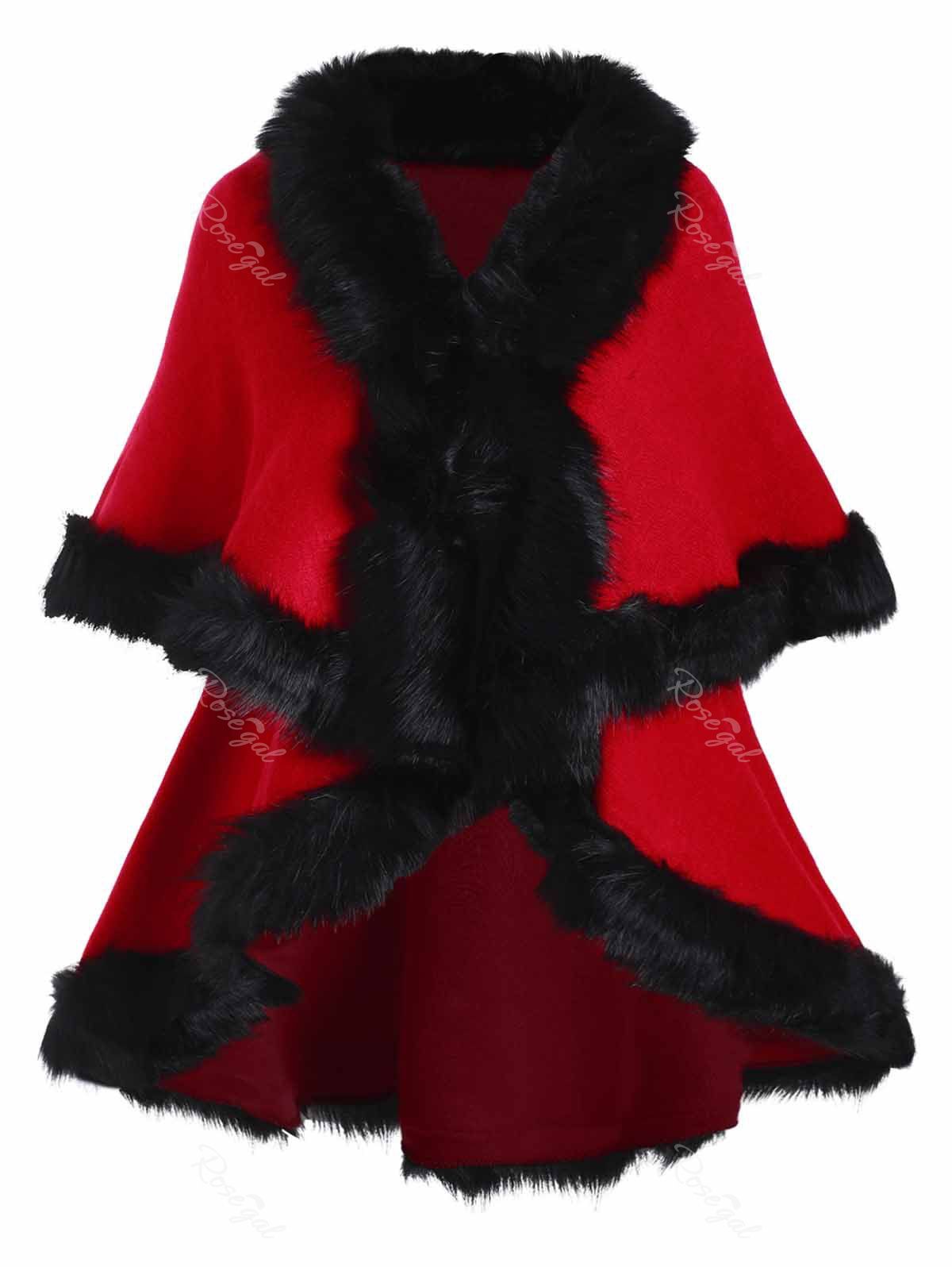 

Plus Size Faux Fur Trim Poncho Cardigan, Red