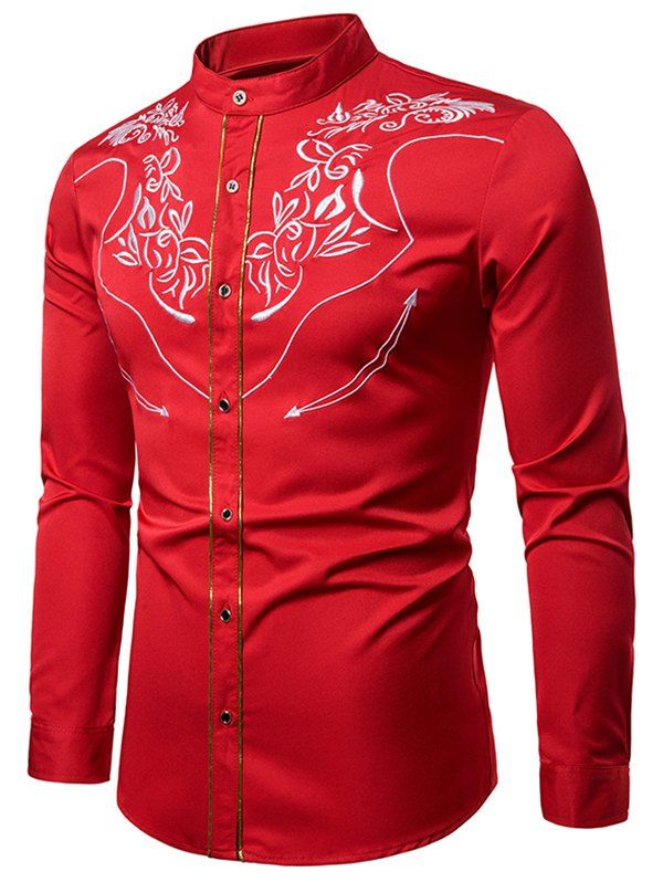 

Embroidery Flower Contrast Trim Long Sleeve Button Shirt, Red