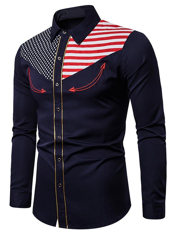 

American Flag Star and Stripes Embroidery Contrast Trim Shirt, Cadetblue