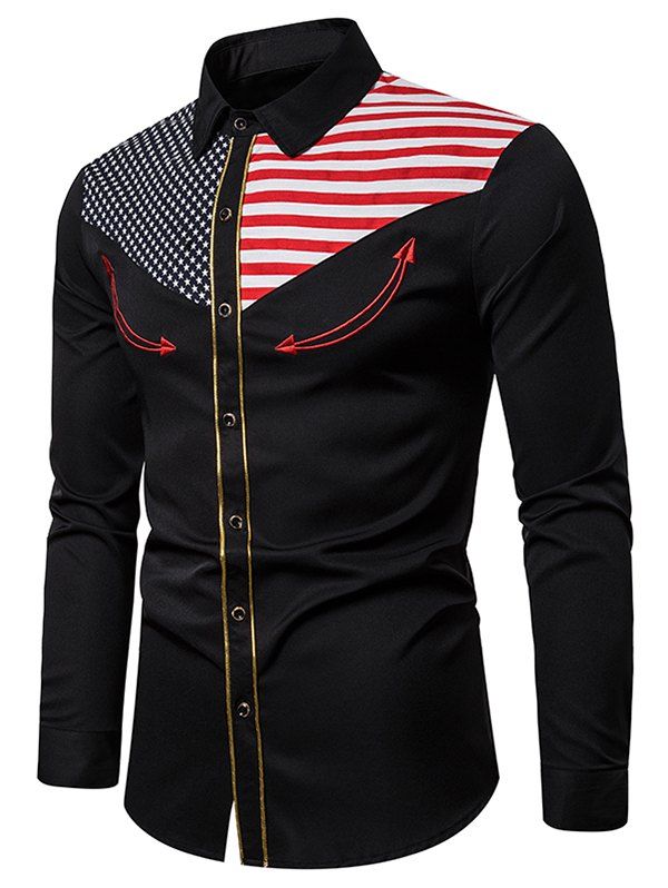 

American Flag Star and Stripes Embroidery Contrast Trim Shirt, Black