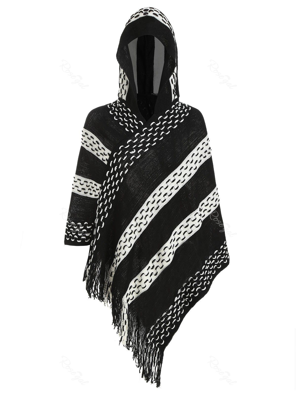 

Plus Size Hooded Fringe Poncho Sweater, Black